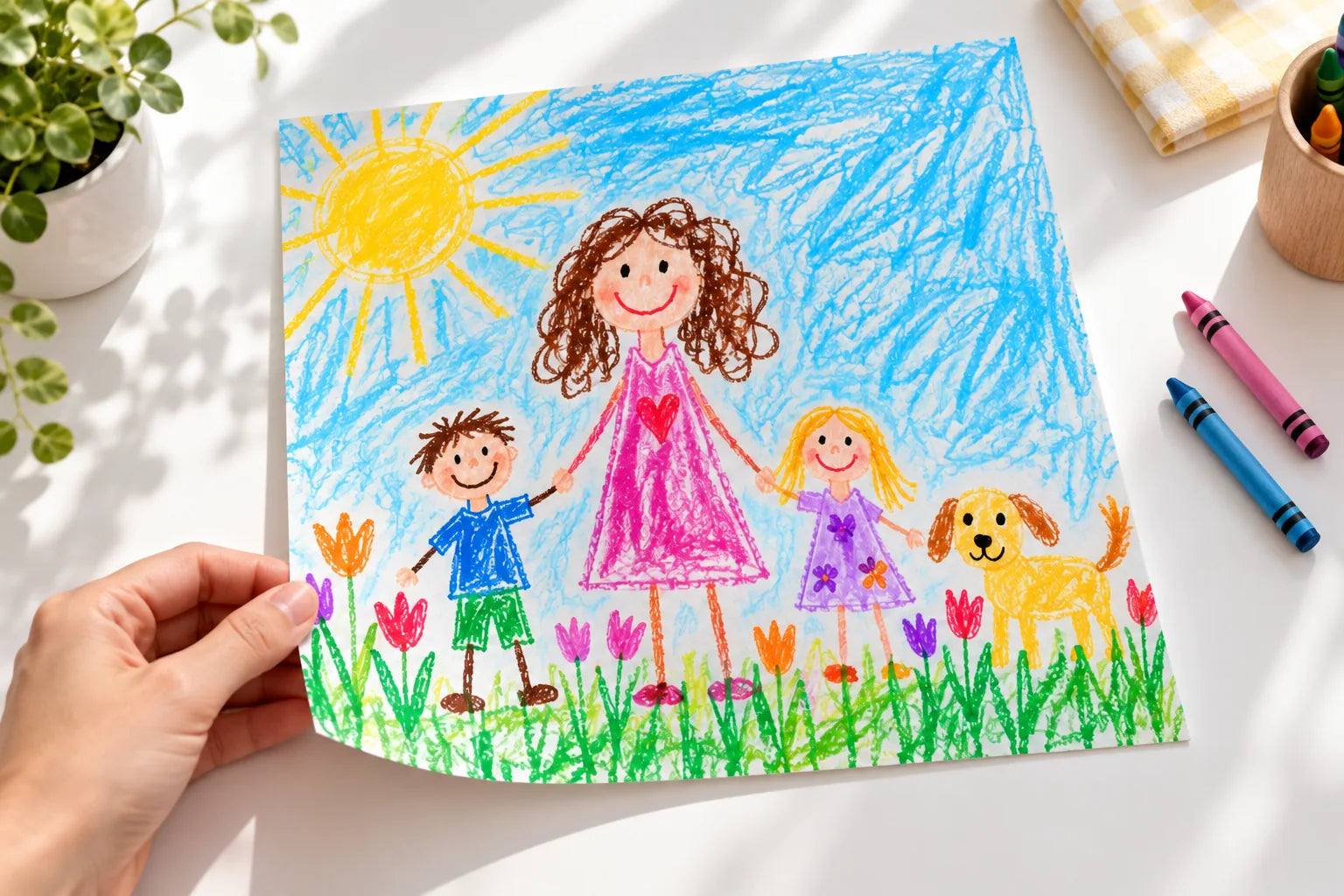A hand holds a matte poster reproducing a colourful drawing of a mother, children and a dog.