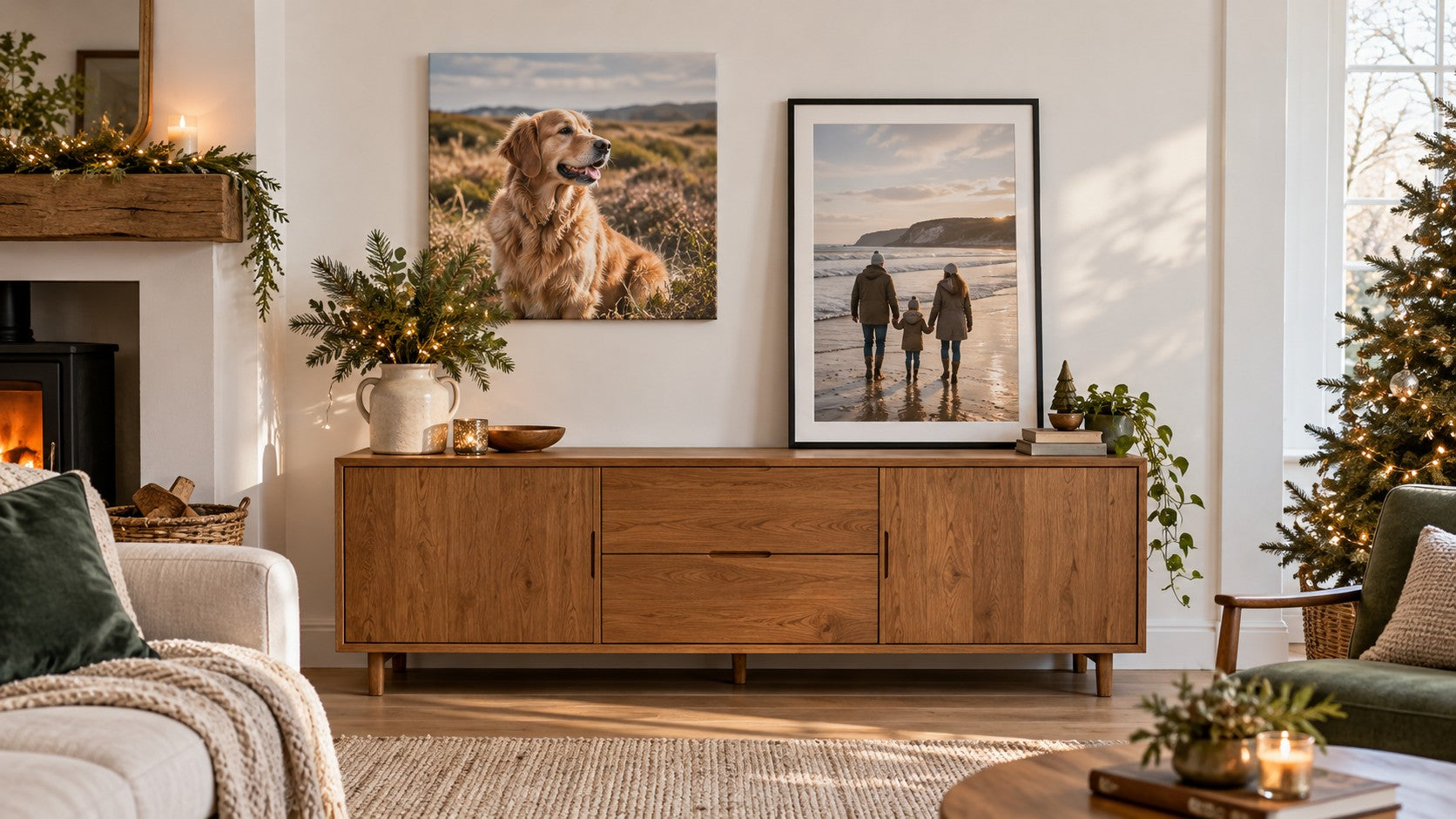 Christmas room displaying a pet photo canvas beside a framed family photo poster.