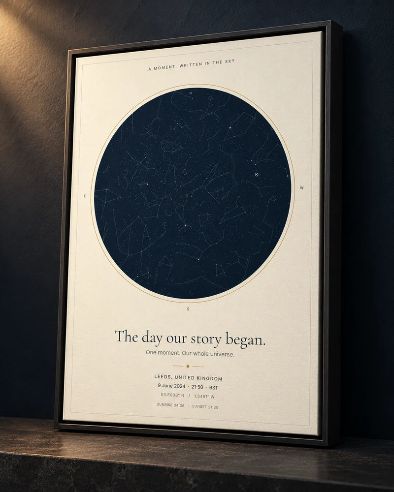 Classic Star Map on canvas inside a wood floating frame with a visible shadow gap, in a dramatic setting