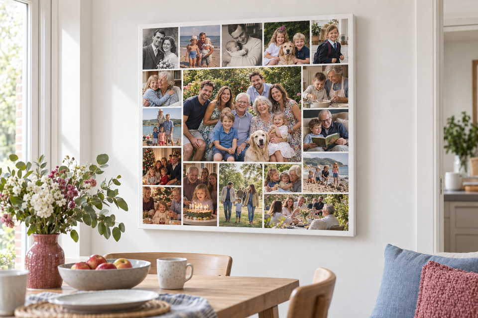 Family photographs brought together in a collage canvas above a dining table