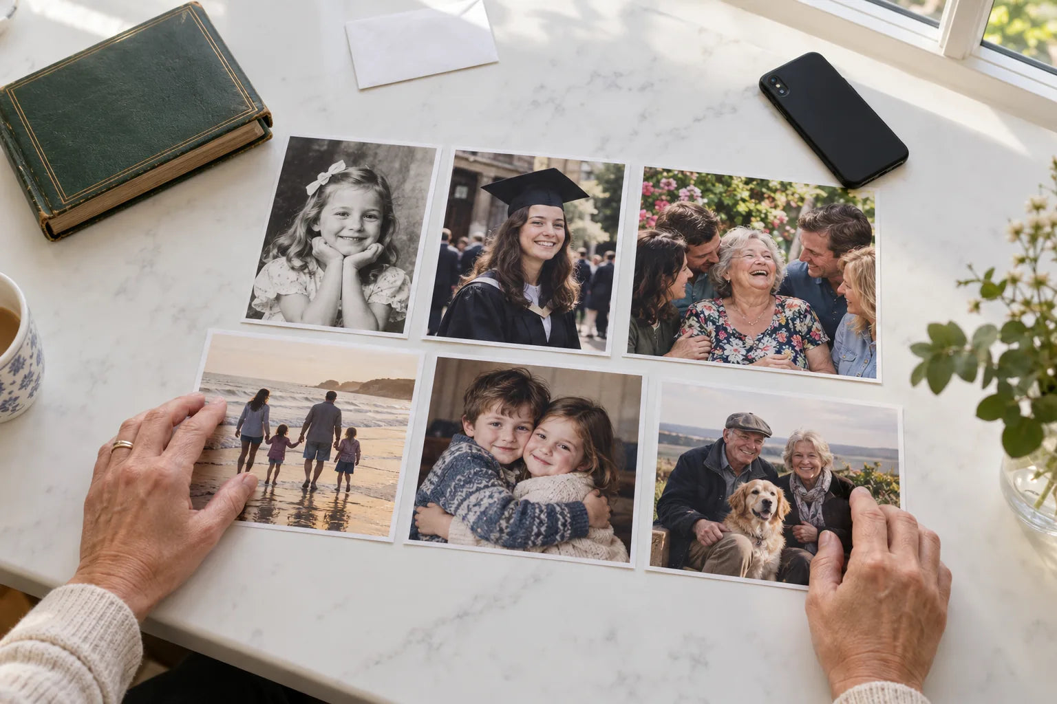 Six different family photographs arranged on a table beside an album and a phone.