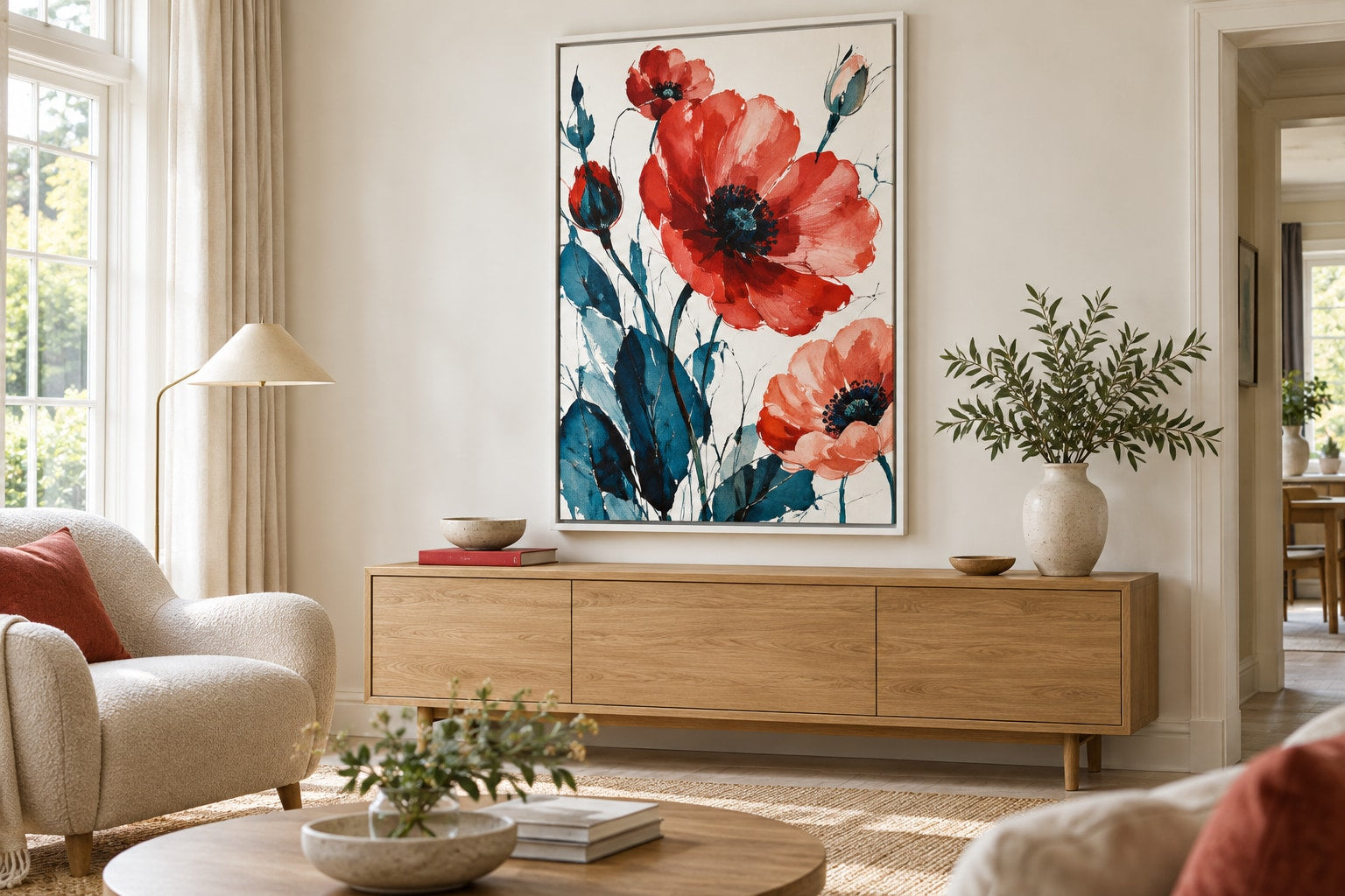 Bold red botanical artwork with blue leaves printed as a canvas in a white floating box frame above an oak sideboard.