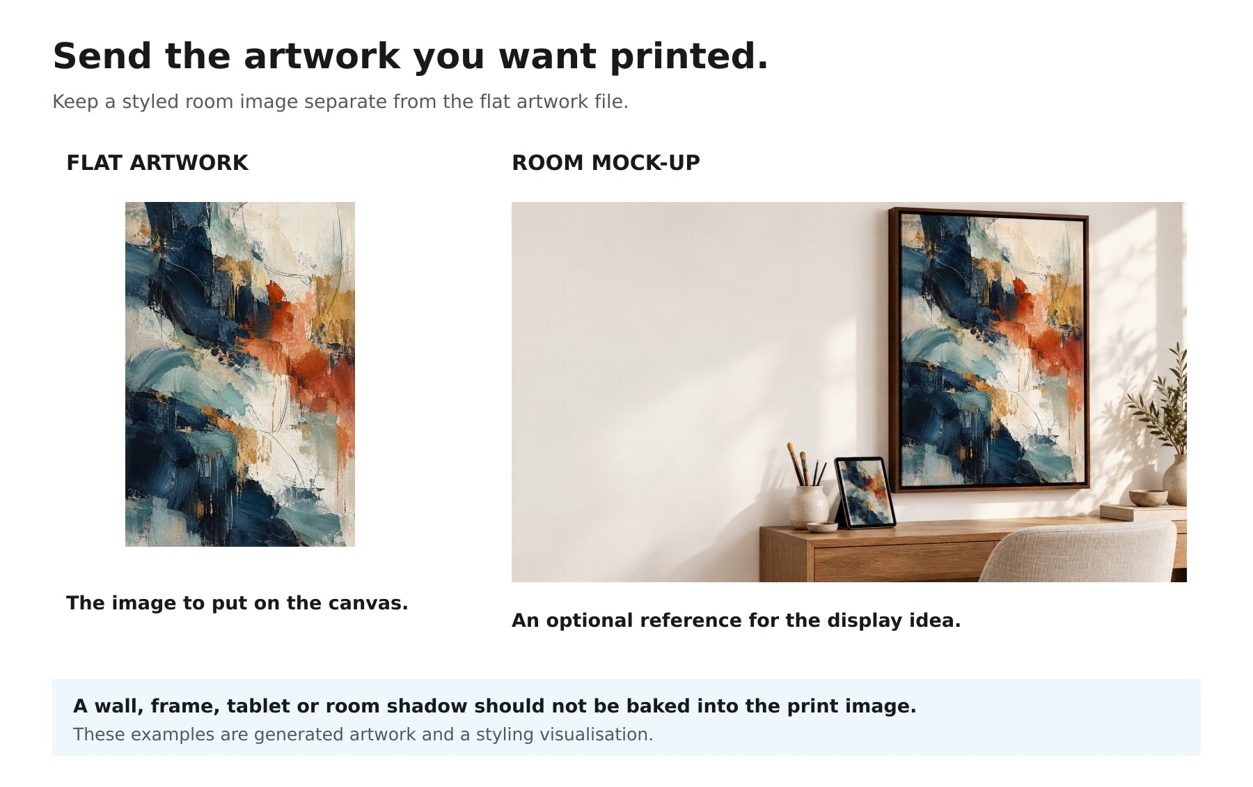 A flat abstract artwork file beside a room mock-up, showing which image should be supplied for the canvas print.