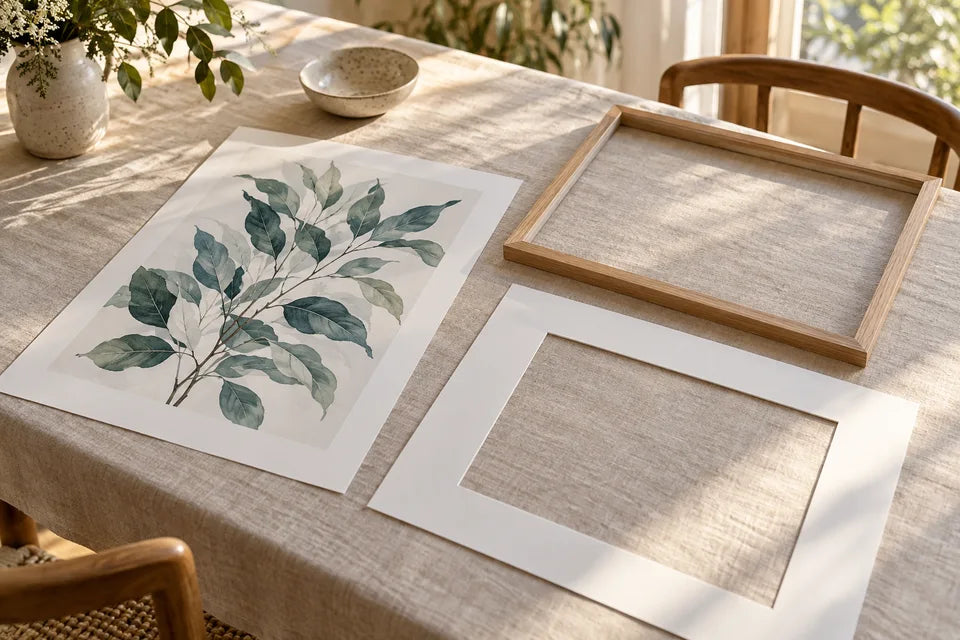 A botanical paper poster beside a separate light wood frame and white picture mount.