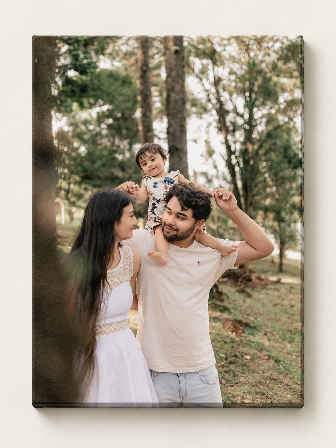 Family photograph on stretched canvas, with the complete canvas edges visible