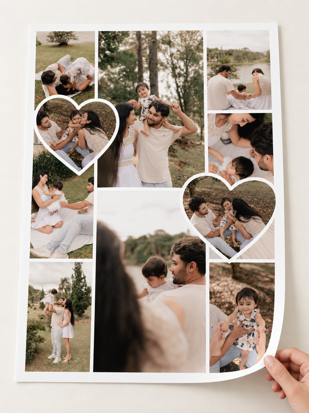 Family photo collage with heart-shaped photographs and a hand lifting the paper corner
