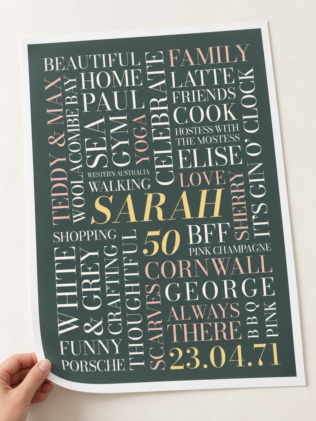 Personalised Sarah birthday Word Art print in green, pink and gold, held by one corner