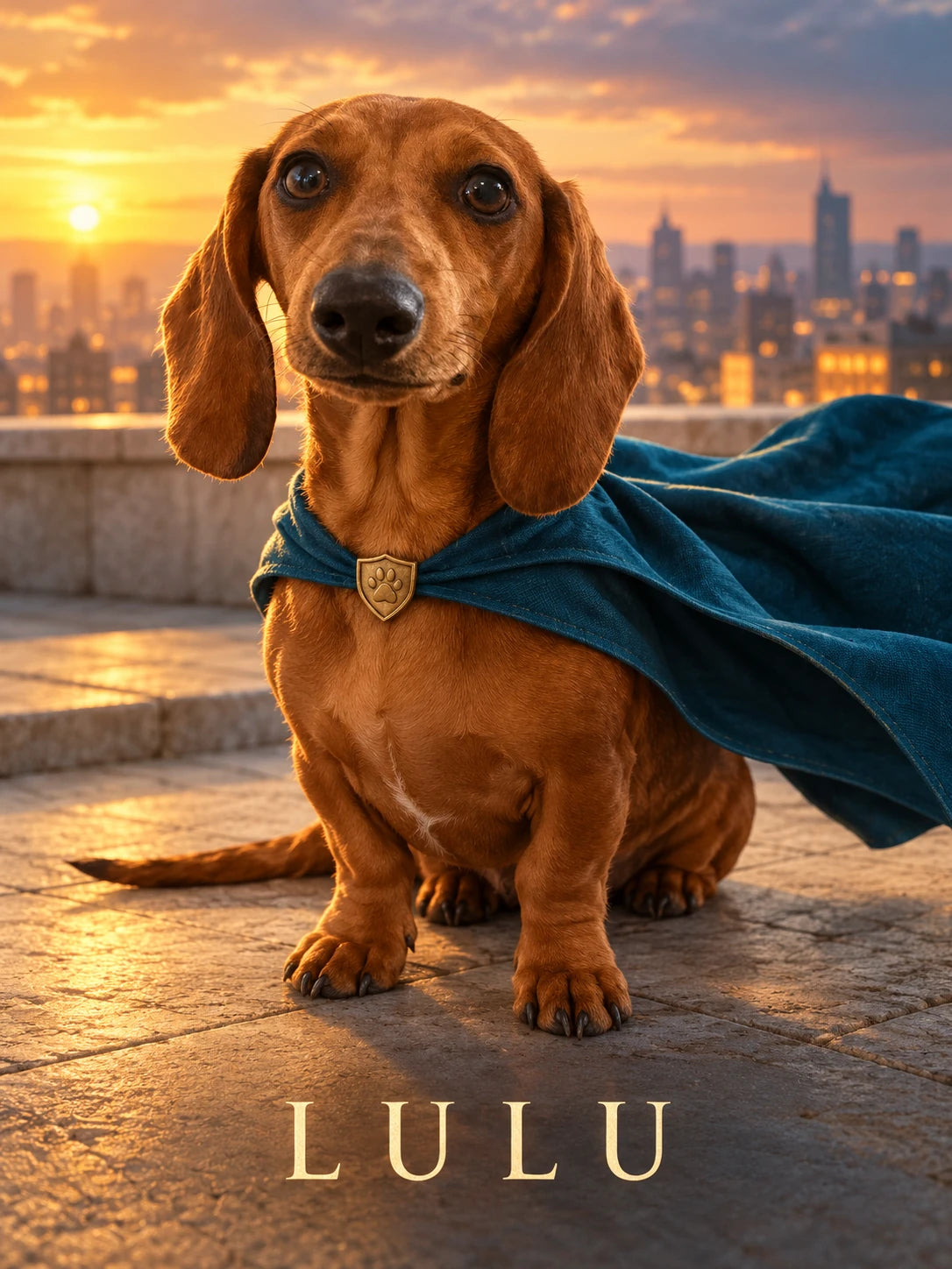 AI-created Lulu in a teal cape on a sunset rooftop, titled LULU