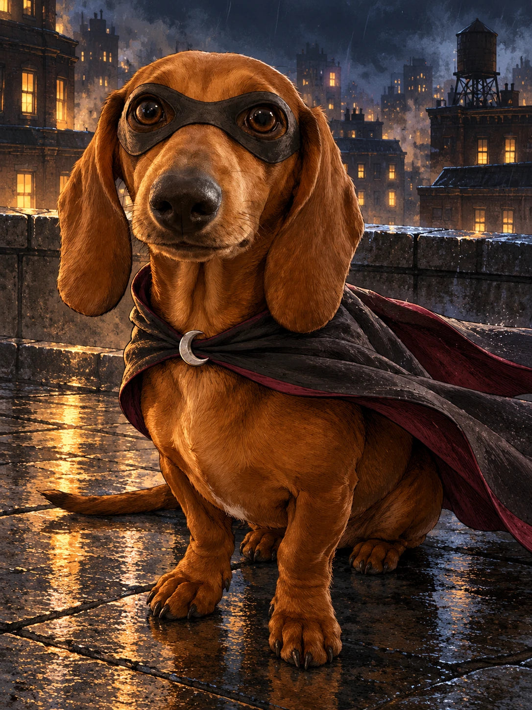 AI-created illustrated Lulu in a mask and cape on a rainy night rooftop