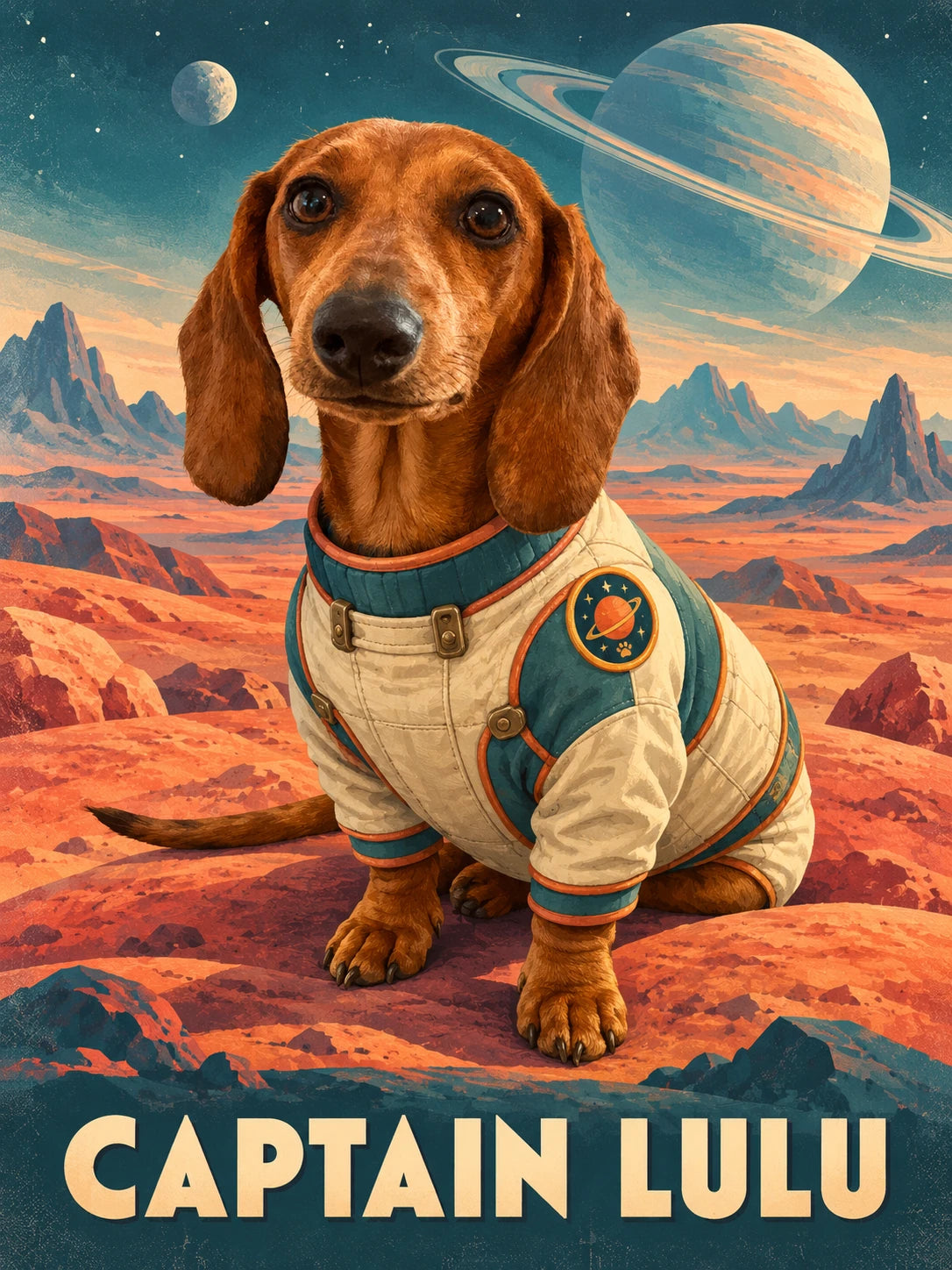 AI-created retro space portrait titled CAPTAIN LULU