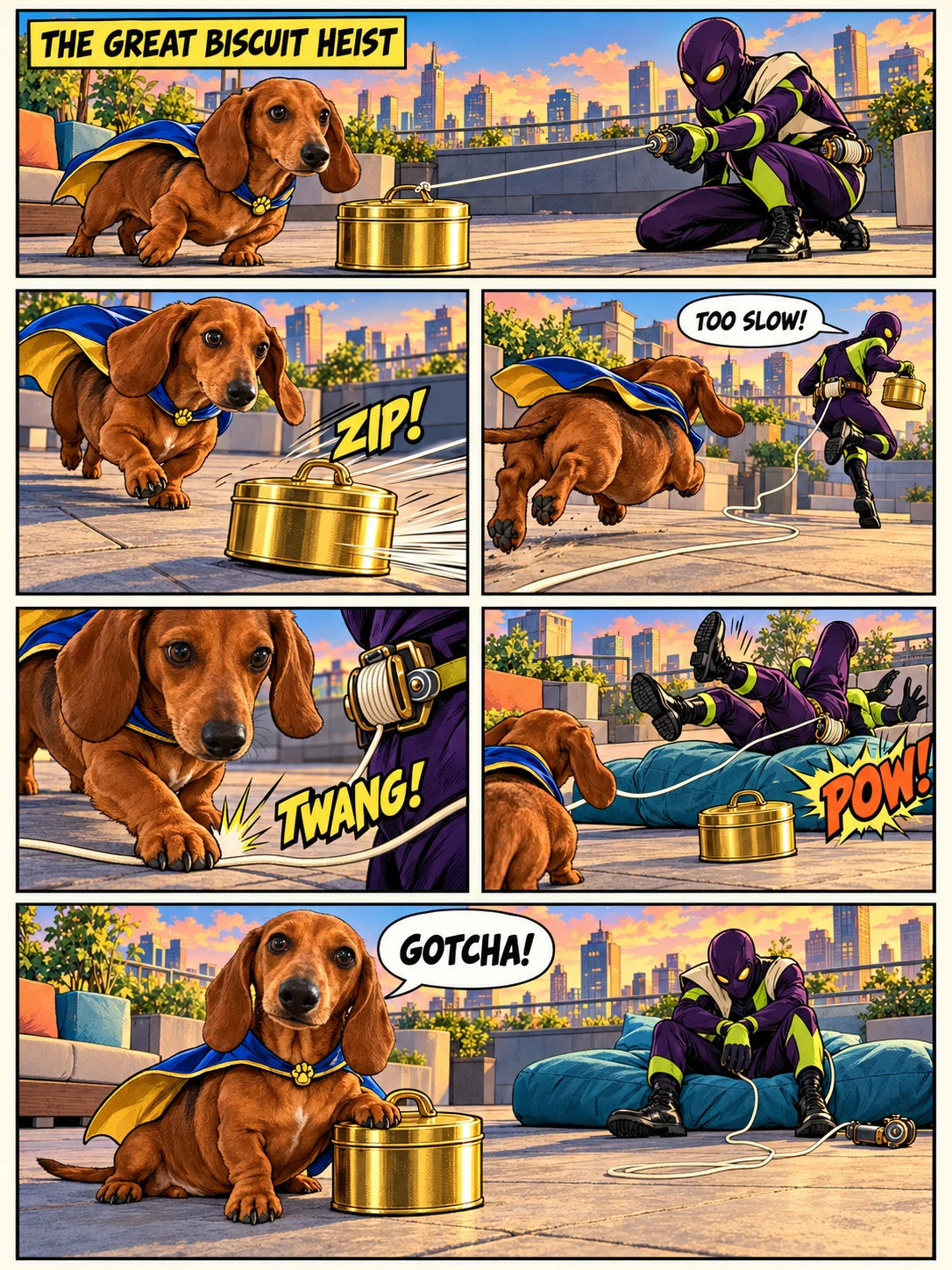 AI-created six-panel comic: Lulu recovers a biscuit tin from a fictional trickster
