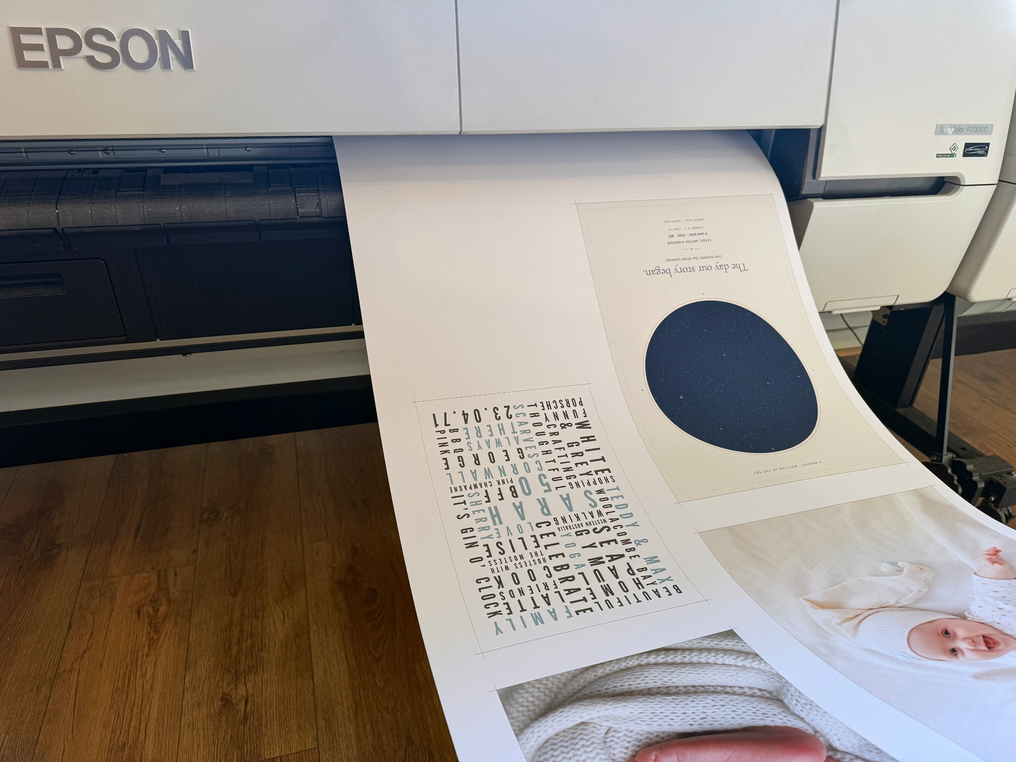 Star map and word art prints emerging from an Epson printer.
