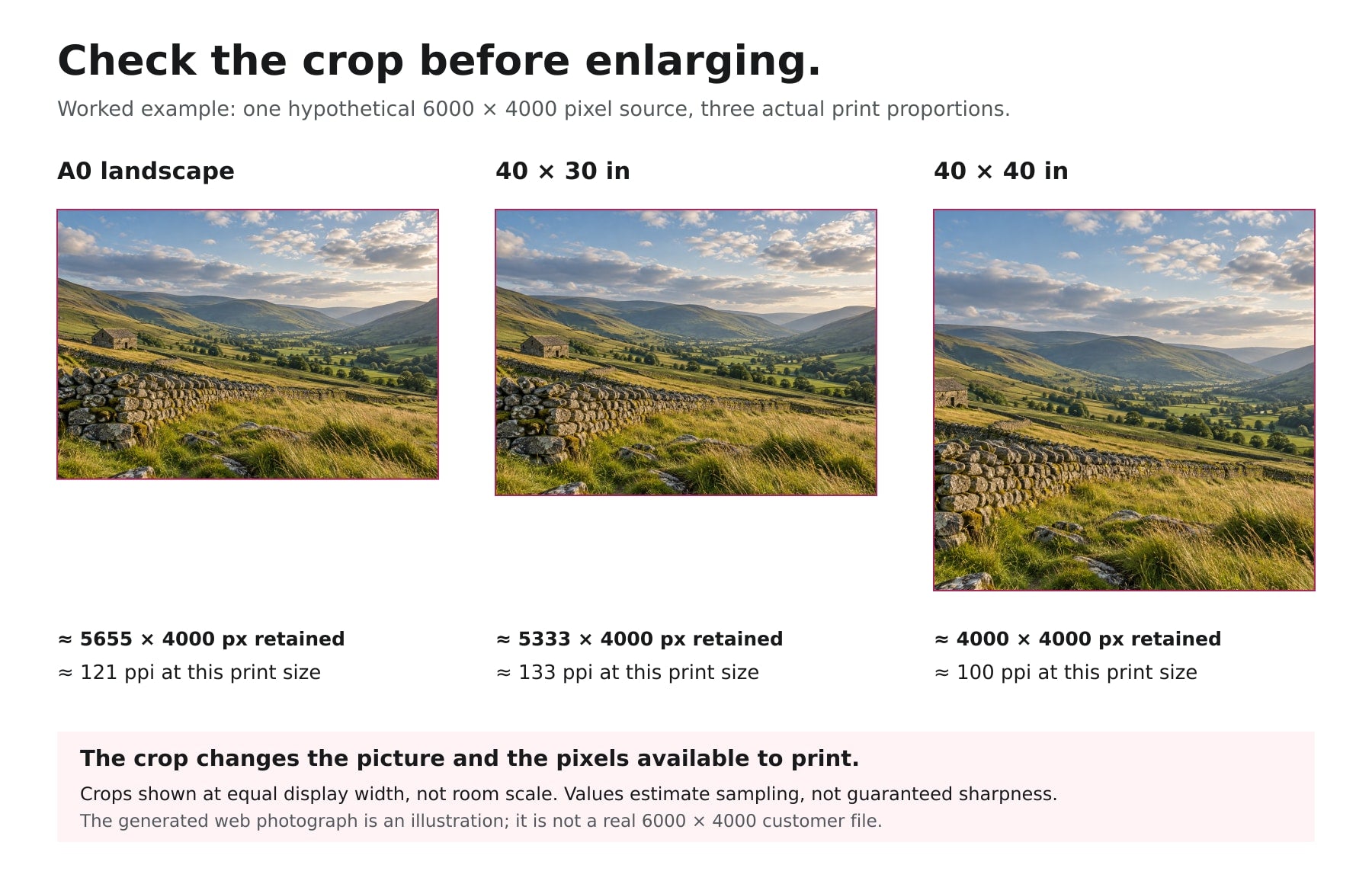 A hypothetical 6000 by 4000 pixel photo cropped for landscape A0, a 40 by 30 inch rectangle and a 40 inch square, with remaining pixels and approximate ppi.