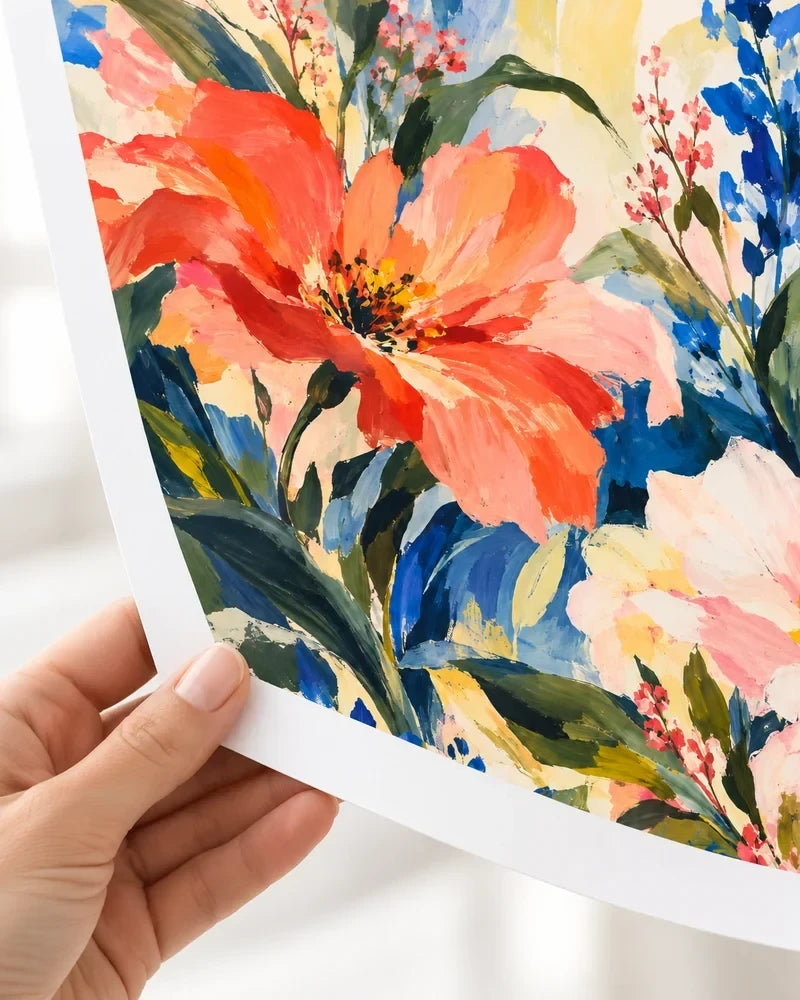 A hand holding a colourful floral poster, showing its white edge and matte paper surface.