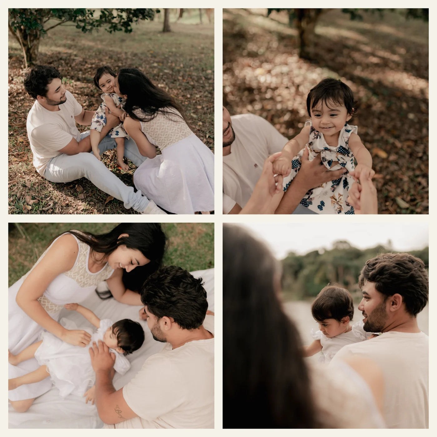 Four stock family photographs arranged in a square collage with narrow cream gaps.