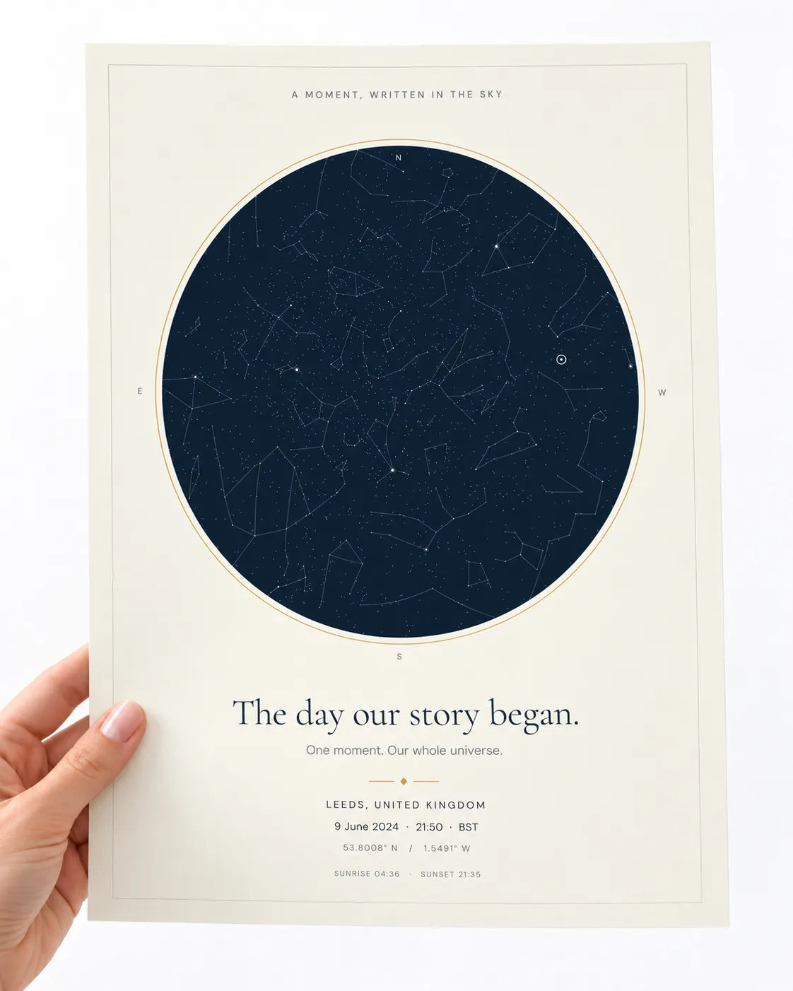 A hand holds a cream personalised Star Map poster with a navy circular sky chart.