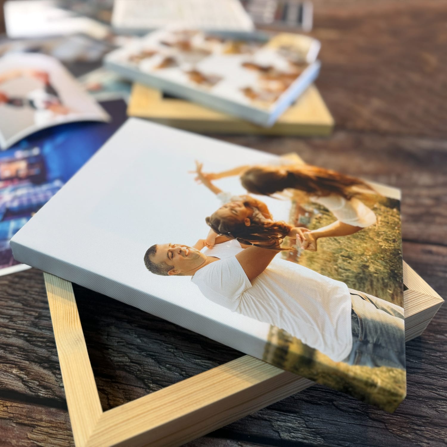 Family photo canvas resting on its solid pine stretcher frame
