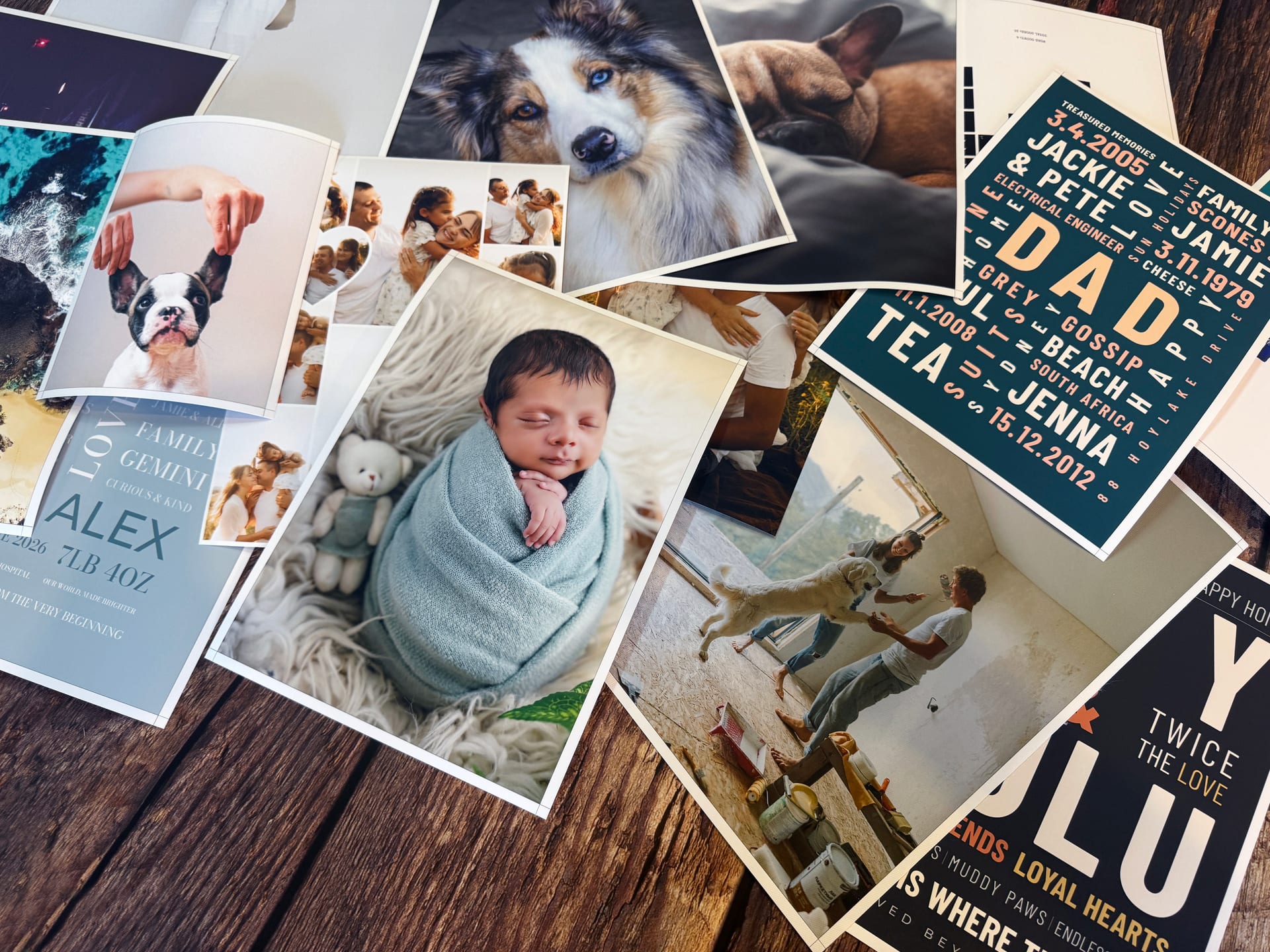 A table filled with genuine YI2C photo posters, collages and personalised word prints