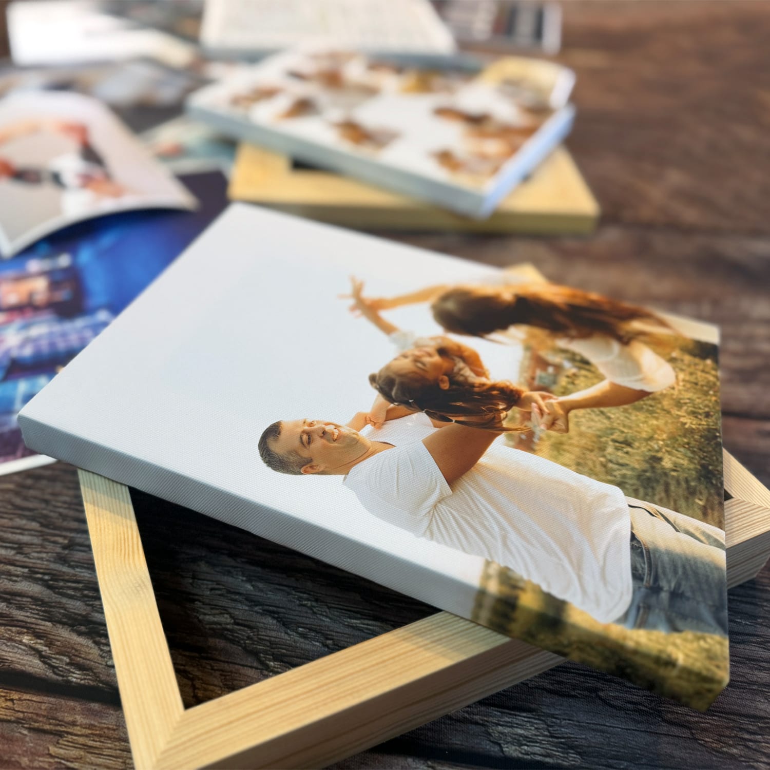 Side view of a family photo canvas showing its wrapped edge and timber support