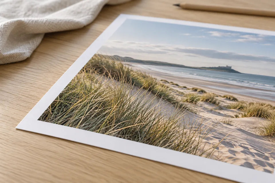 Close view of an unframed matte photographic poster showing coastal grass and sand detail.