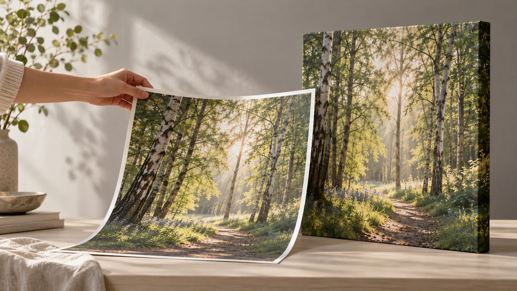 A woodland scene illustrated on flexible matte poster paper and a stretched canvas print.