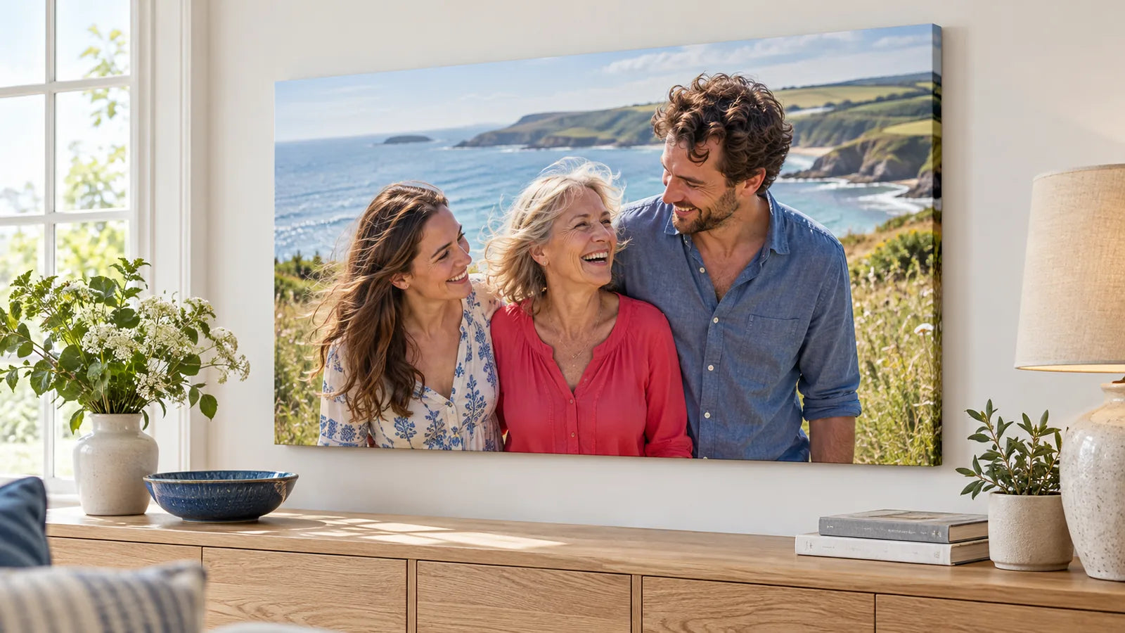 A family photograph of a mother and her adult children displayed on a landscape canvas above an oak sideboard.