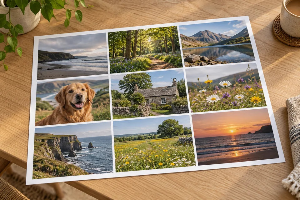 A nine-photo coastal travel collage printed on one matte paper sheet with white gutters.