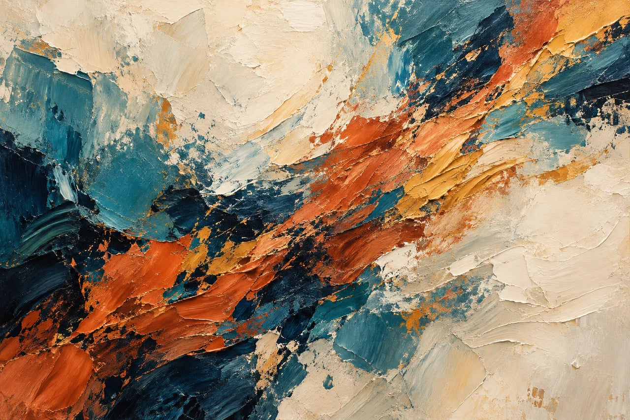 Teal, navy, terracotta and ochre abstract artwork with broad paint marks on an ivory ground.