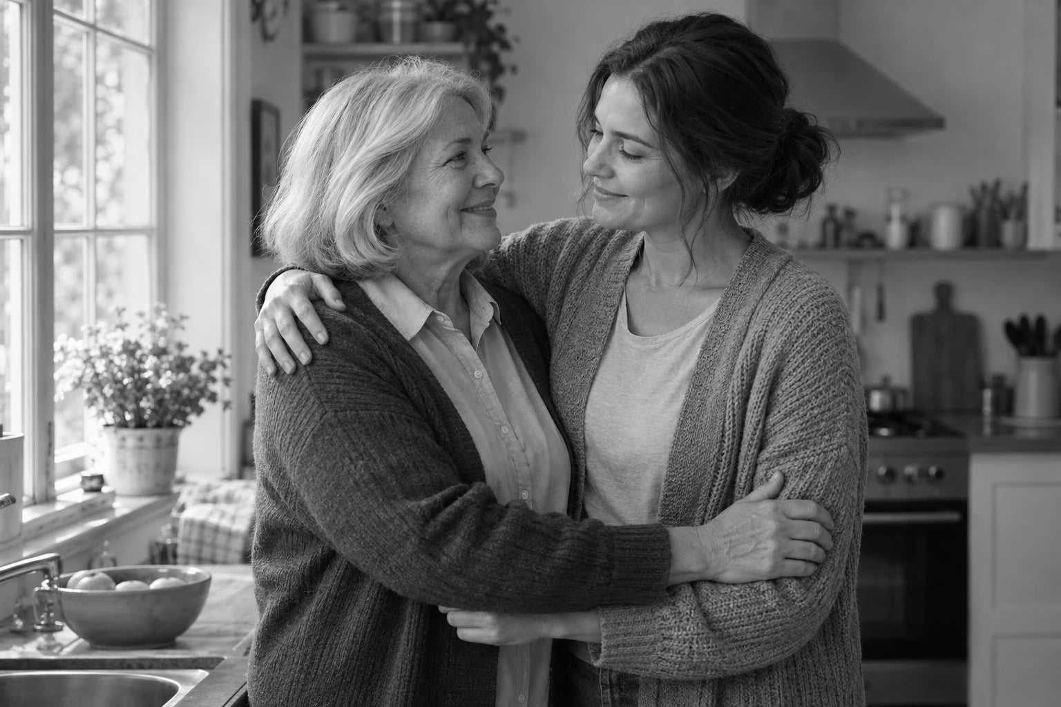 Two adult women sharing a relaxed affectionate embrace beside a kitchen window.