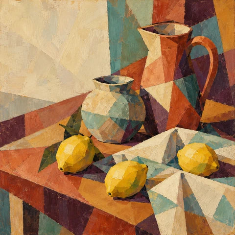 Objects in colour: an original stylised still life with a readable subject and a lively abstract structure in terracotta, dusty turquoise, warm cream, mustard and deep plum.