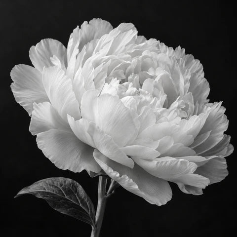 Black-and-white close-up of a pale peony with softly lit layers of petals on a dark background.
