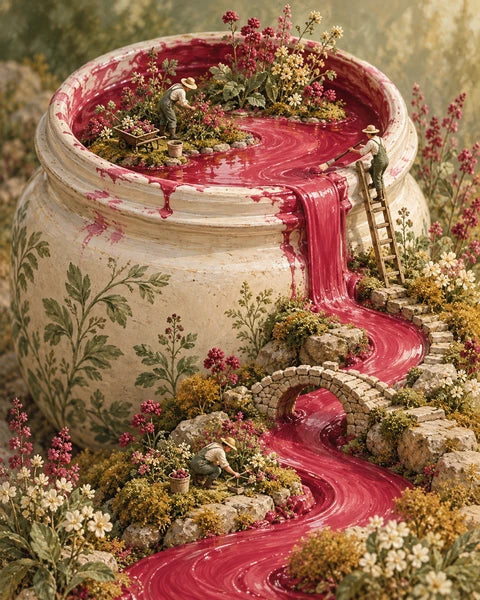 The colour garden: an imaginative miniature world about growing colour, humorous but refined and quietly believable in sage, warm white, raspberry and soft ochre.