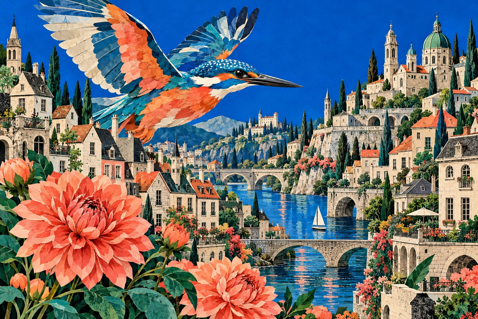 Colourful collage of an invented riverside city, large birds and flowers.