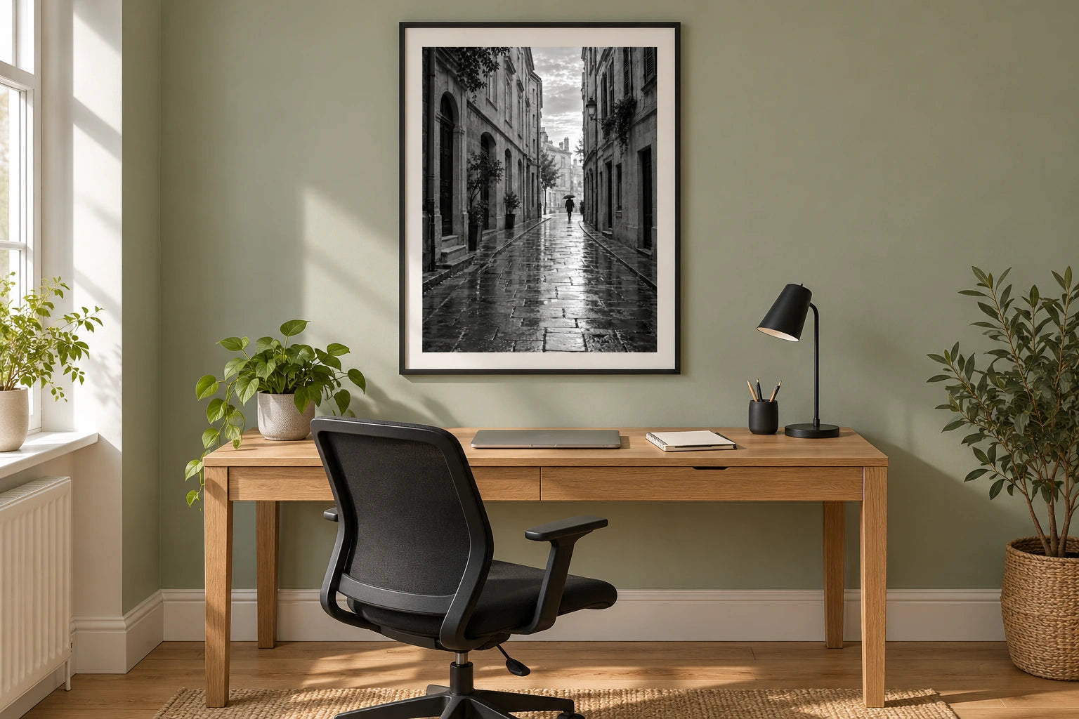 Framed black-and-white city street poster above an oak desk in a home office with sage walls and a black chair.