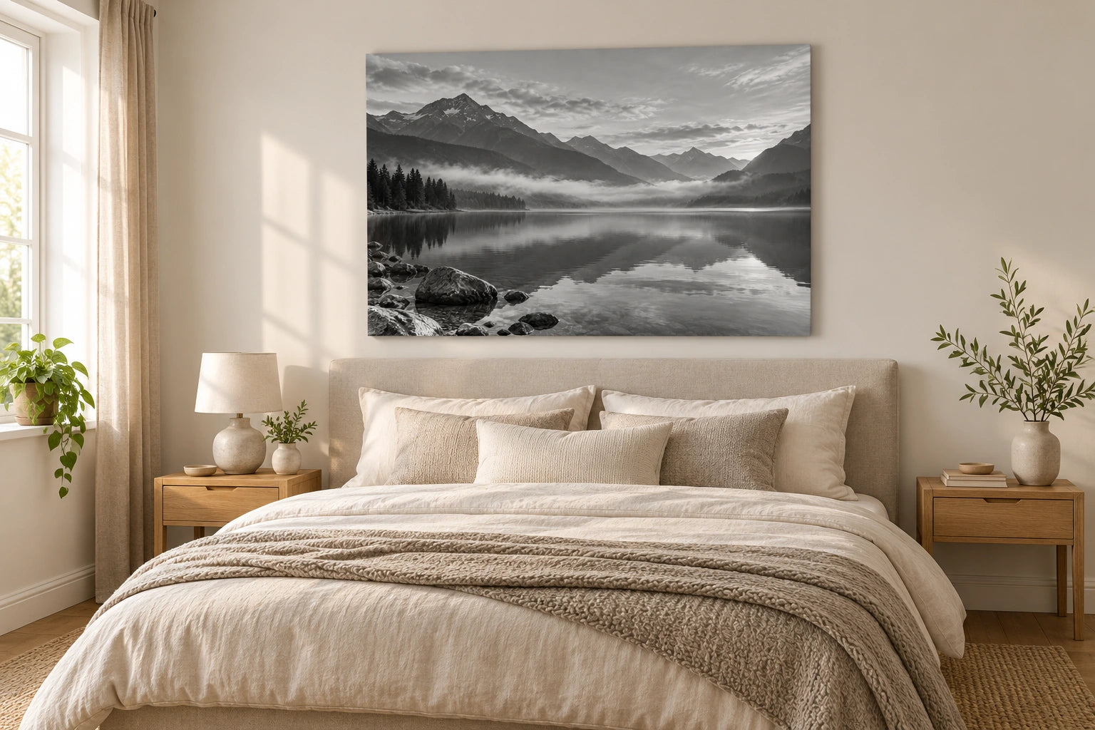 Black-and-white mountain lake canvas above an upholstered headboard in a softly lit neutral bedroom.