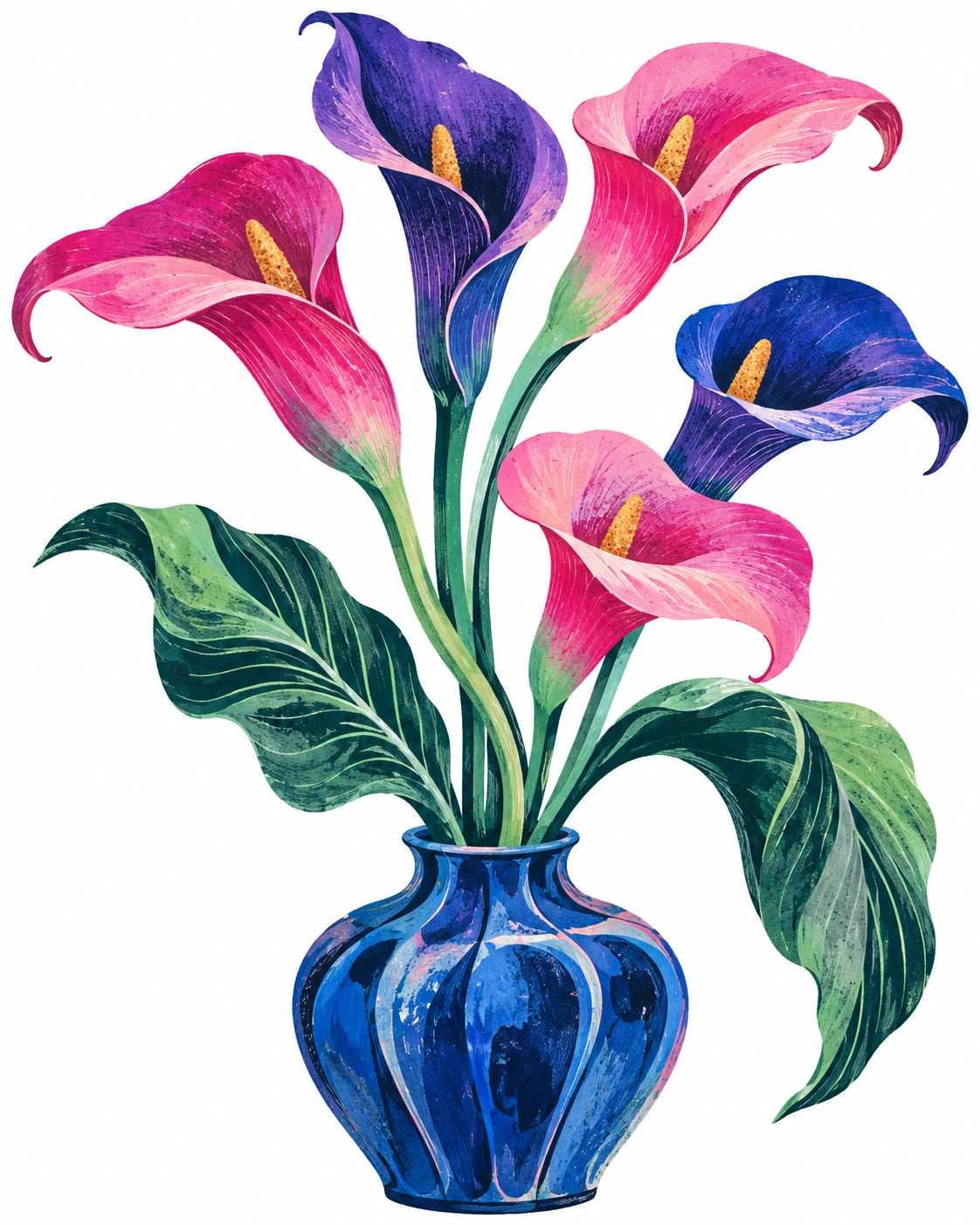 Bright pink and violet calla lilies with mint leaves in a blue vase on white.