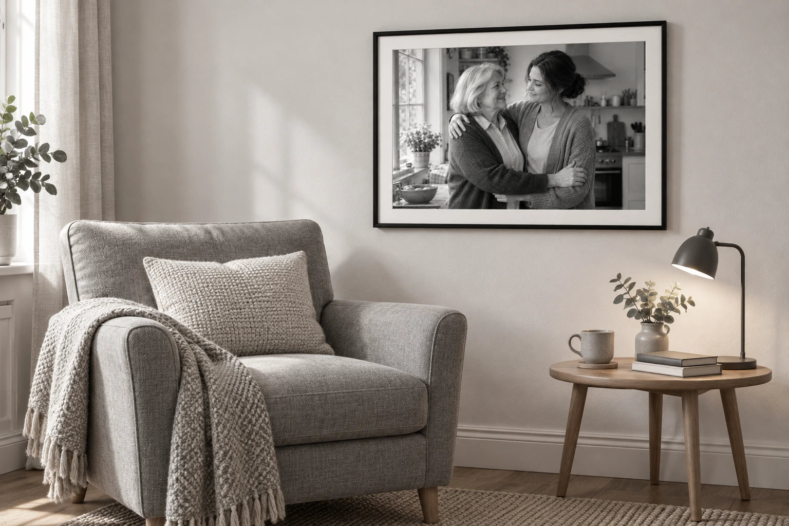 A framed monochrome image of an embrace above a small side table beside a comfortable reading chair.
