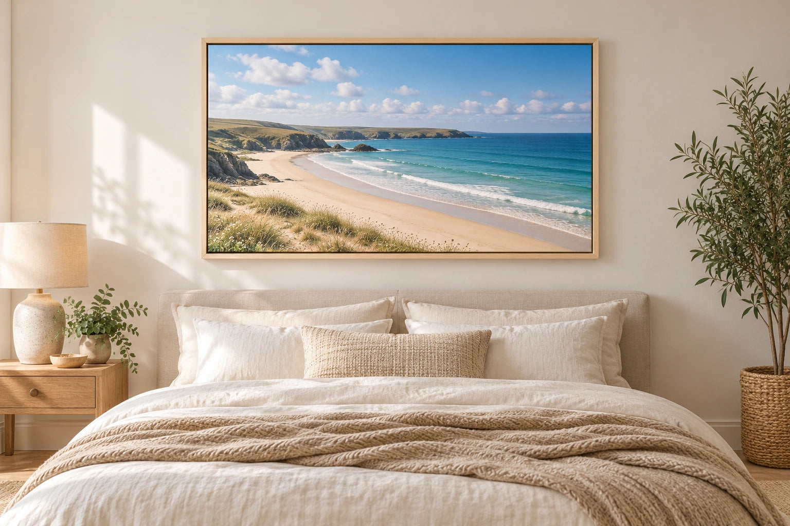 Coastal landscape canvas in a pale natural wood floating frame above a bed with neutral linen bedding.