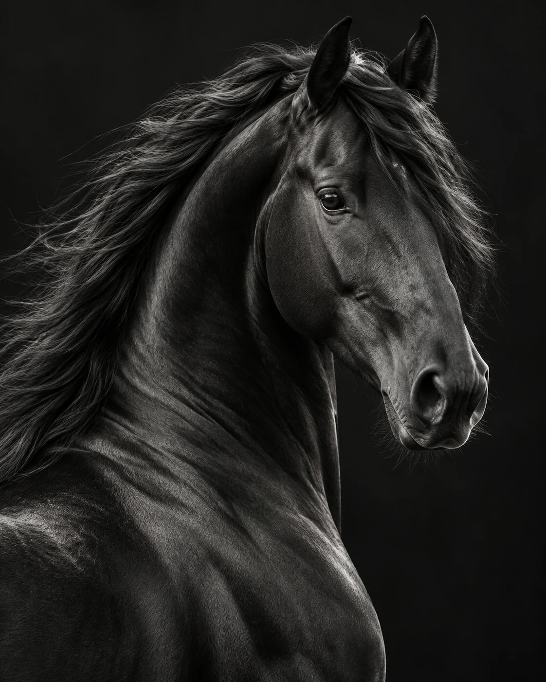Black horse portrait with a bright eye, flowing mane and sculpted light against a dark background.