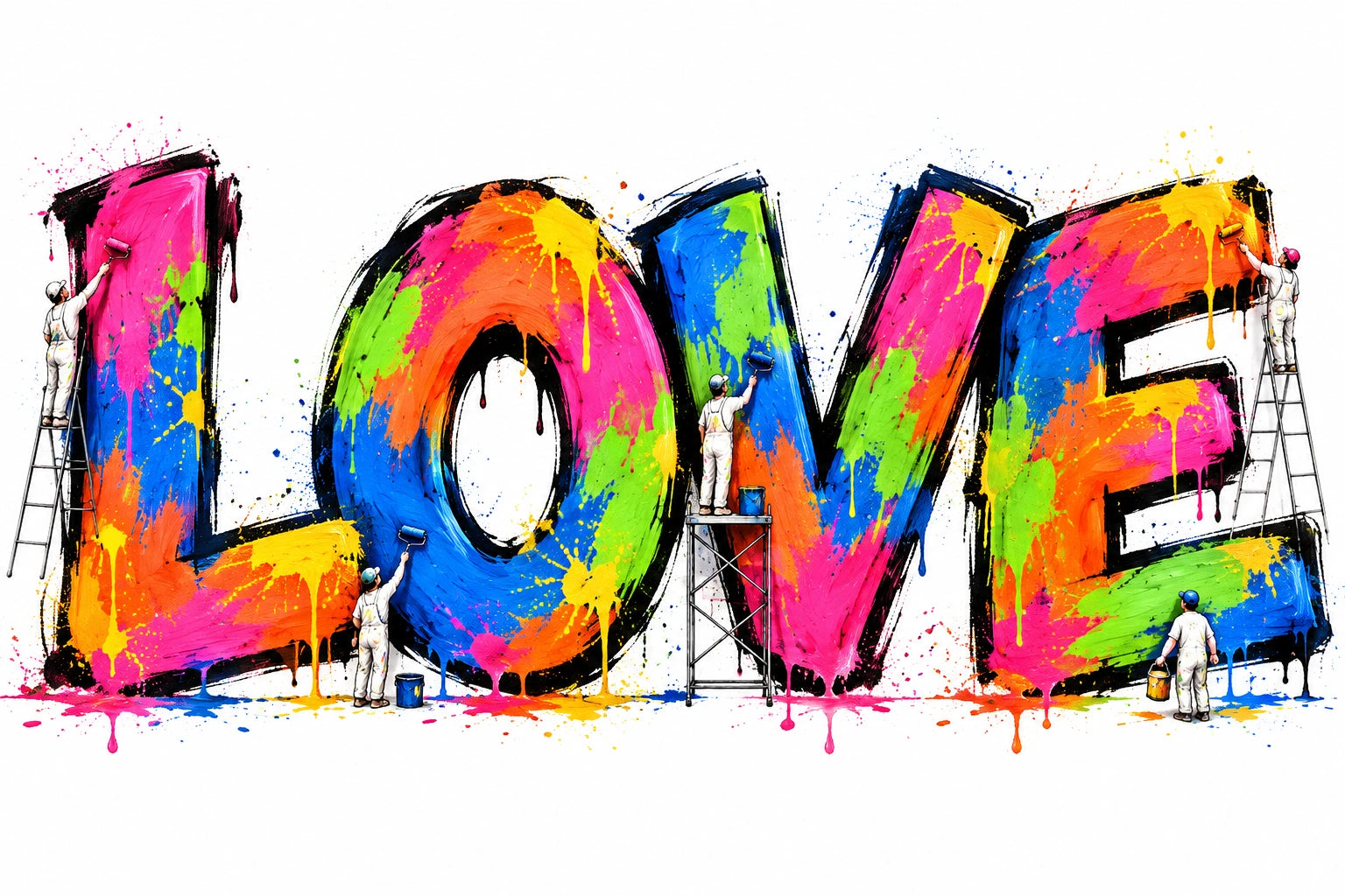 Bright graffiti LOVE lettering with tiny painters on ladders against white.