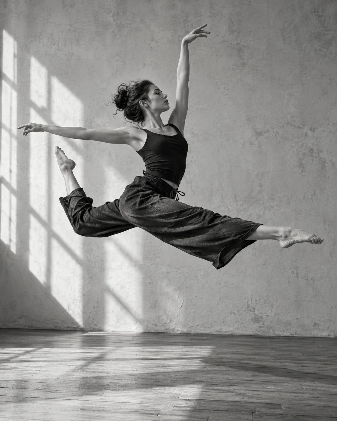 An adult contemporary dancer caught in a controlled leap in a simple studio, with directional light and a visible floor shadow.