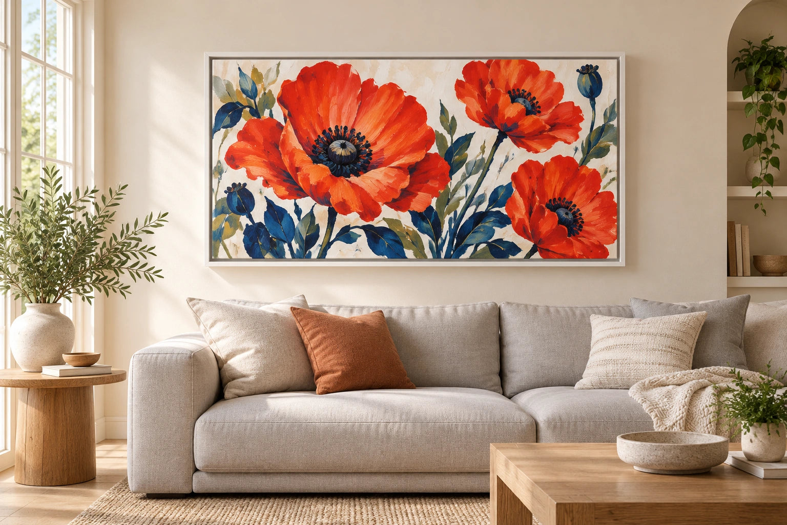 Vibrant red floral canvas with cobalt leaves in a white floating frame above a cream living-room sofa.