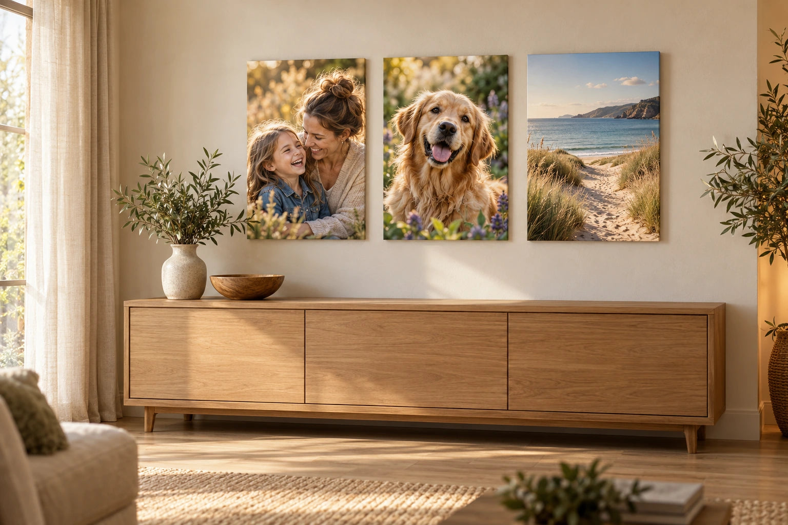 Three separate family, dog and coastal photo canvases above an oak sideboard
