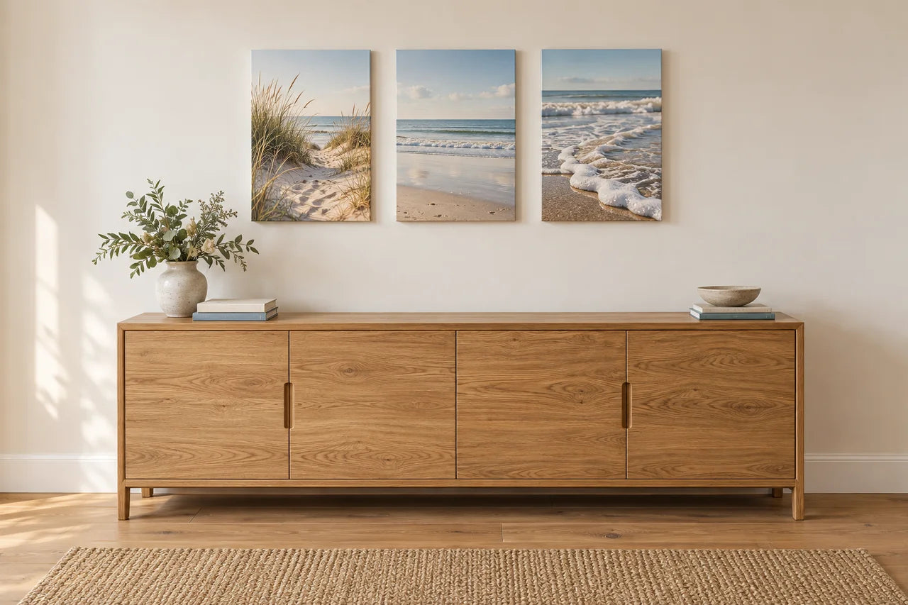 Three coordinated coastal canvases above an oak sideboard.