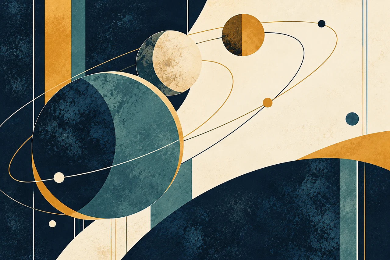 Teal, cream and ochre celestial circles in a rising arrangement with fine orbit arcs.