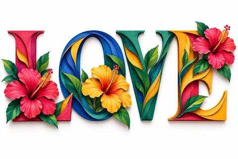 Colourful sculptural LOVE lettering with flowers on a pure white background.