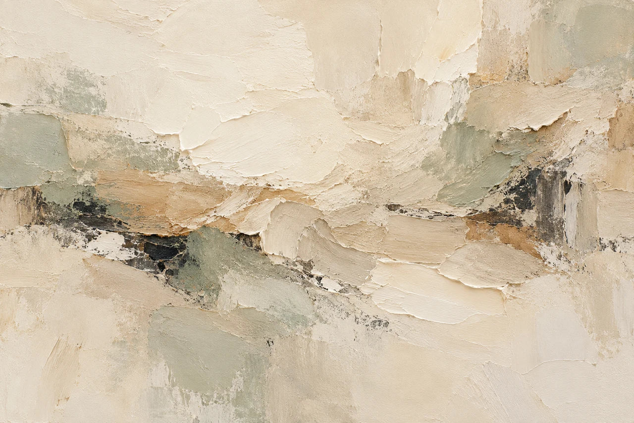 Ivory, sand, taupe and sage abstract artwork with layered palette-knife textures.