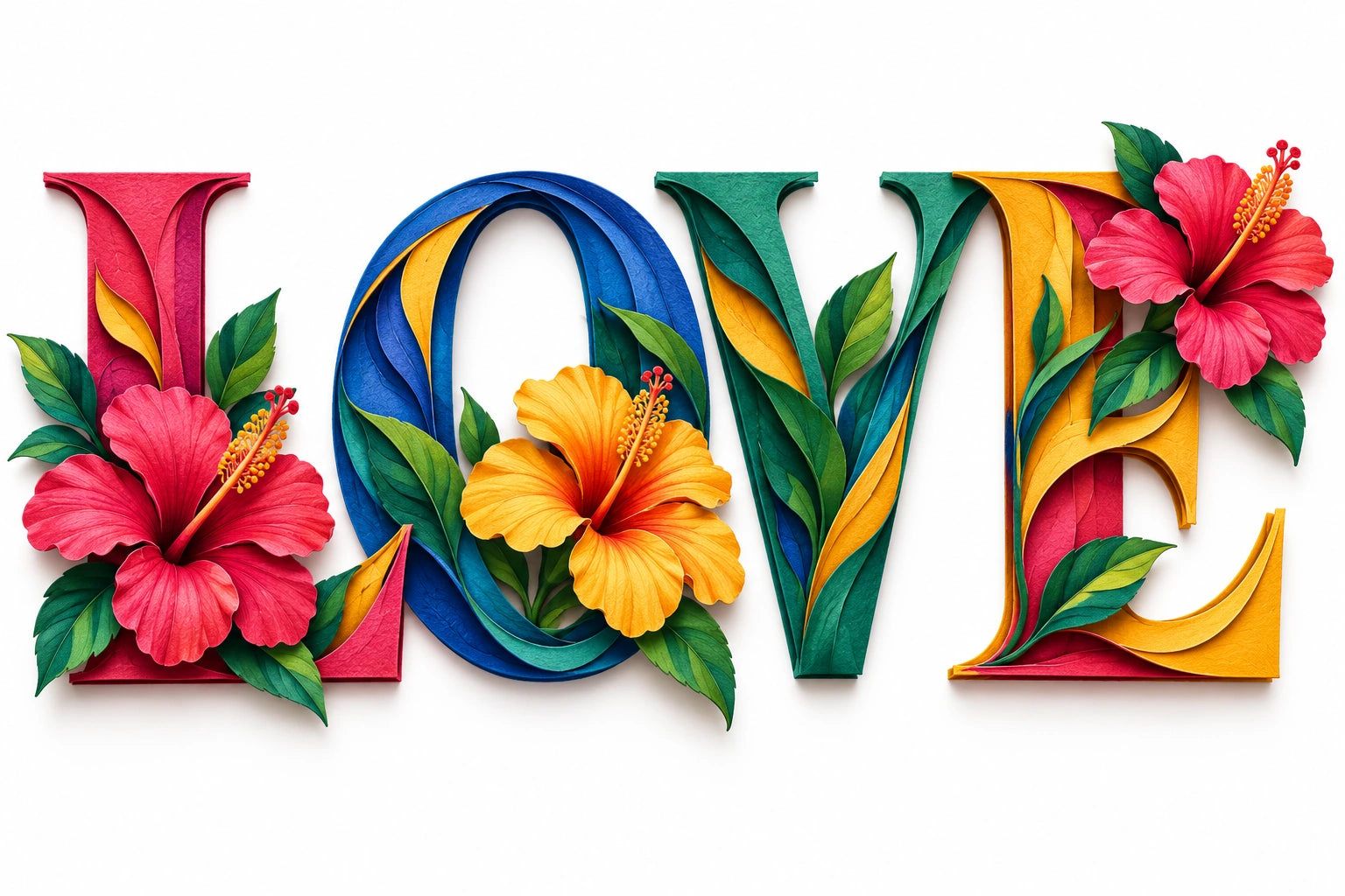 Colourful sculptural LOVE lettering with flowers on a pure white background.