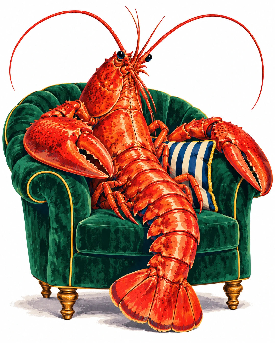 A red lobster sitting upright in a green armchair, painted against white.