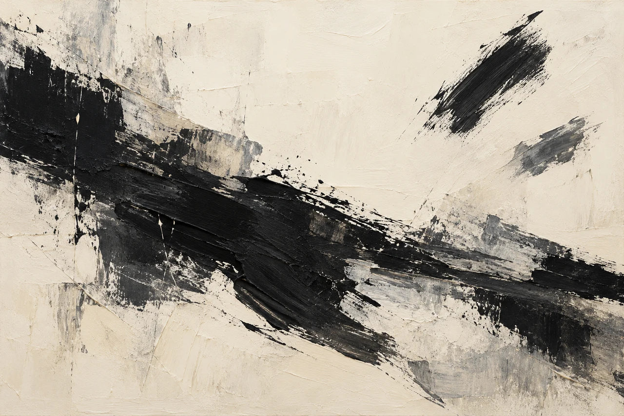 Broad black and charcoal brush marks across an ivory textured abstract composition.